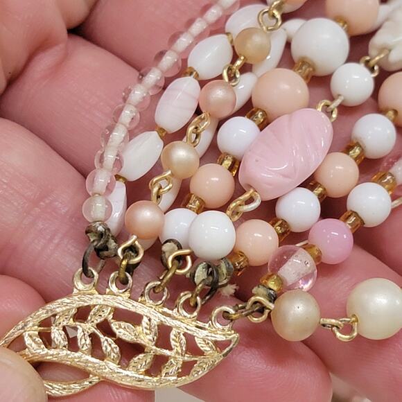 Vintage Pink White & Gold Multi-Strand Beaded Necklace with Layered Design Style - Picture 6 of 10